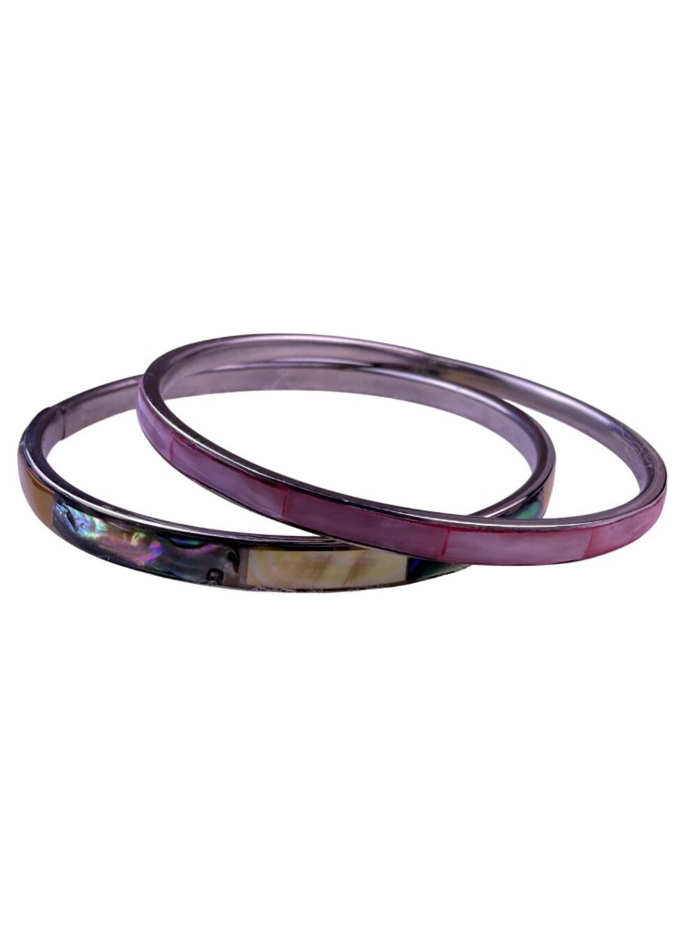 Two Womens Silver Tone Abalone Shell & Pink Inlay Bangle Bracelets